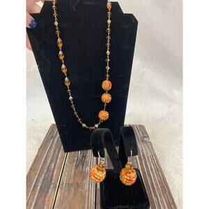 Women's Gold Orange Bead Necklace Earring Set GUC